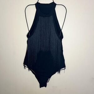 Verdusa Women's Western Fringe Boho Sleeveless Black Bodycon Halter Bodysuit